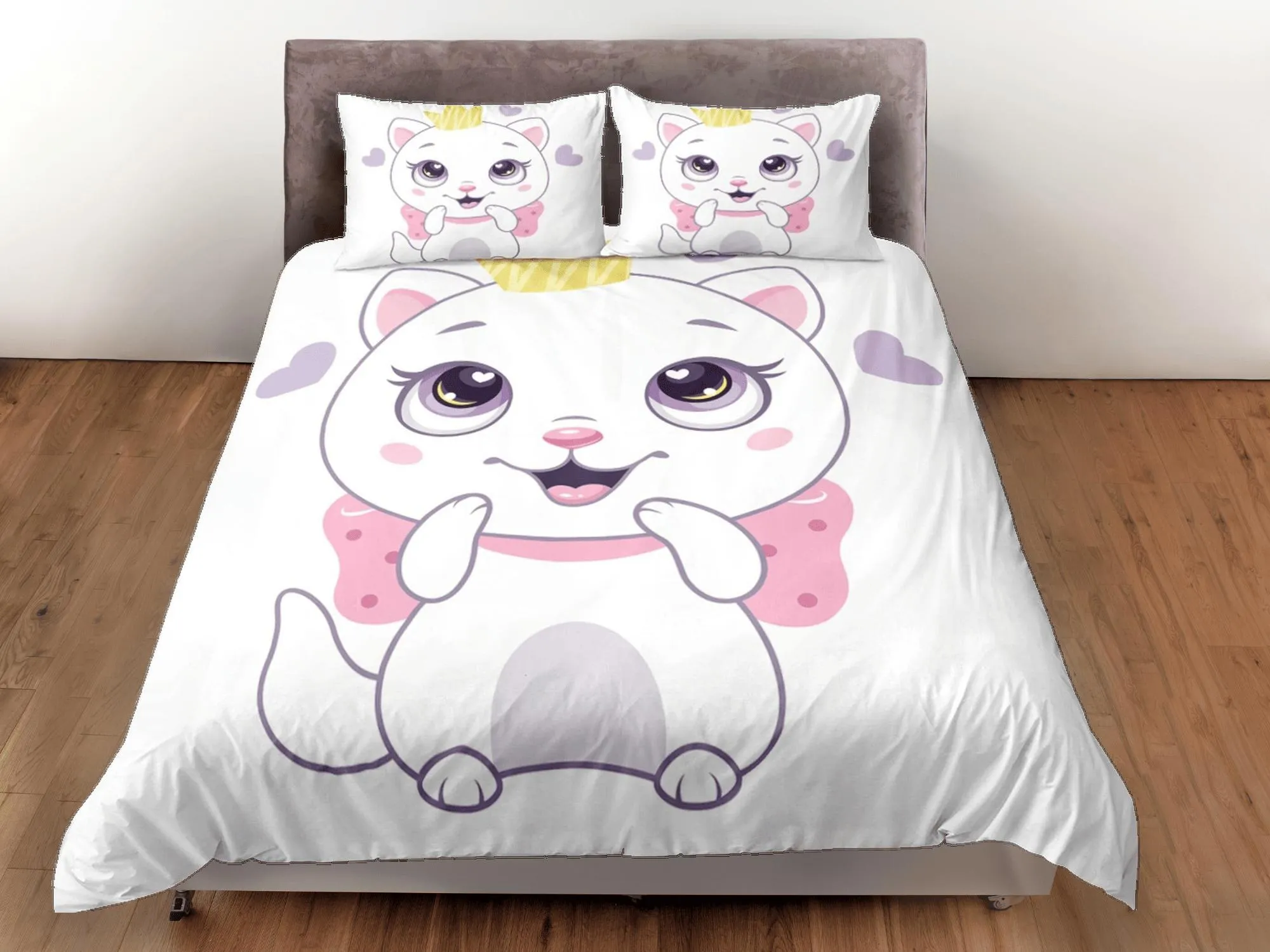 Cute white cat bedding, girl toddler bedding, kids duvet cover set, gift for cat lovers, baby bedding, baby shower gift