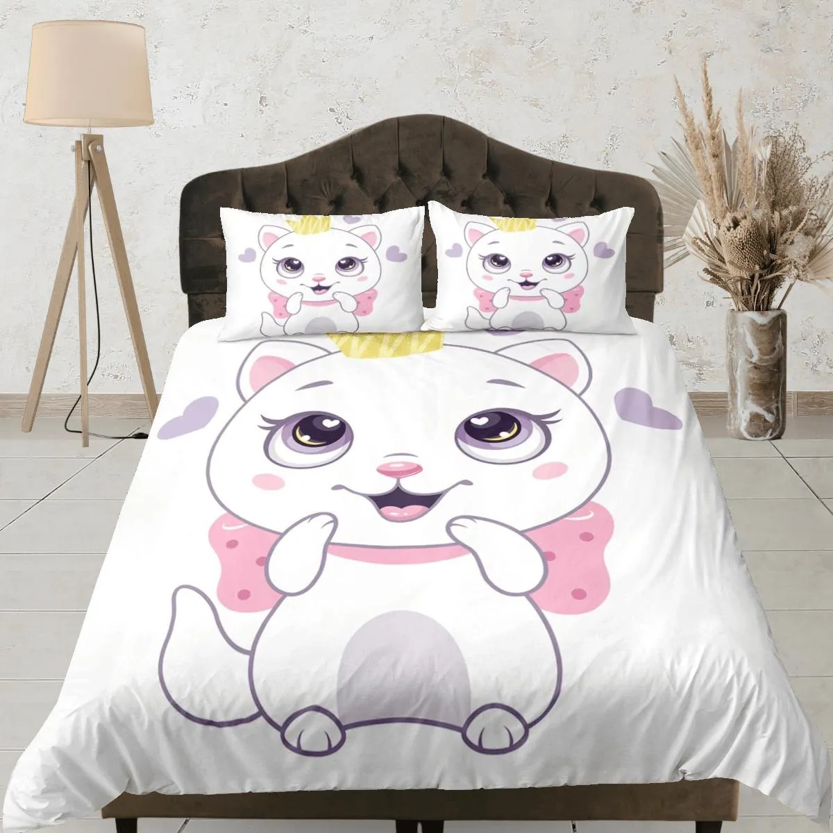 Cute white cat bedding, girl toddler bedding, kids duvet cover set, gift for cat lovers, baby bedding, baby shower gift