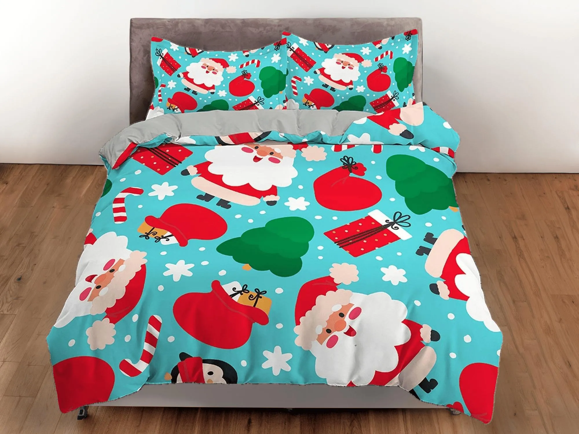 Cyan cute santa claus duvet cover set, christmas full size bedding & pillowcase, college bedding, crib toddler bedding, holiday gift