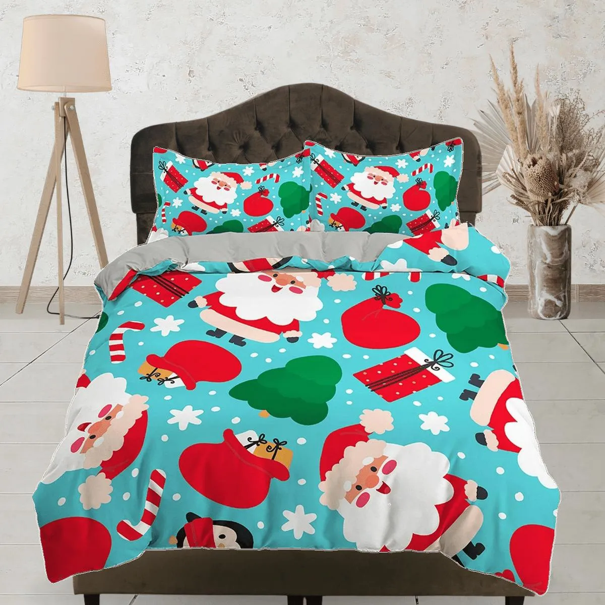 Cyan cute santa claus duvet cover set, christmas full size bedding & pillowcase, college bedding, crib toddler bedding, holiday gift