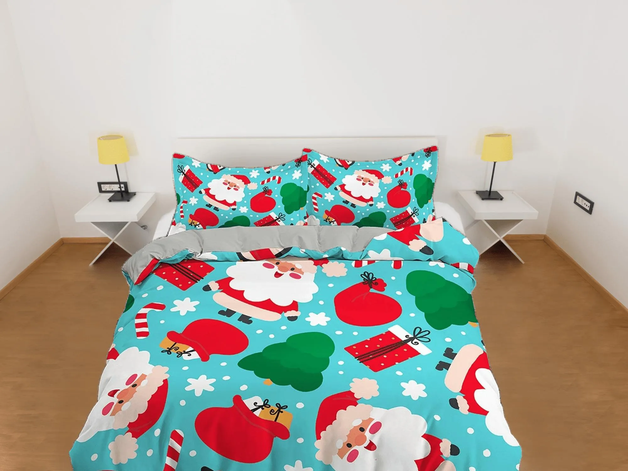 Cyan cute santa claus duvet cover set, christmas full size bedding & pillowcase, college bedding, crib toddler bedding, holiday gift