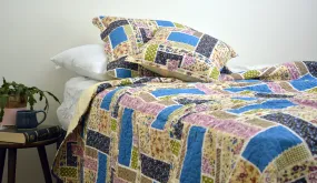 DaDa Bedding Cottage Blue Ivory Yellow Floral Scalloped Cotton Patchwork Quilted Bedspread Set (DXJ103269-1)