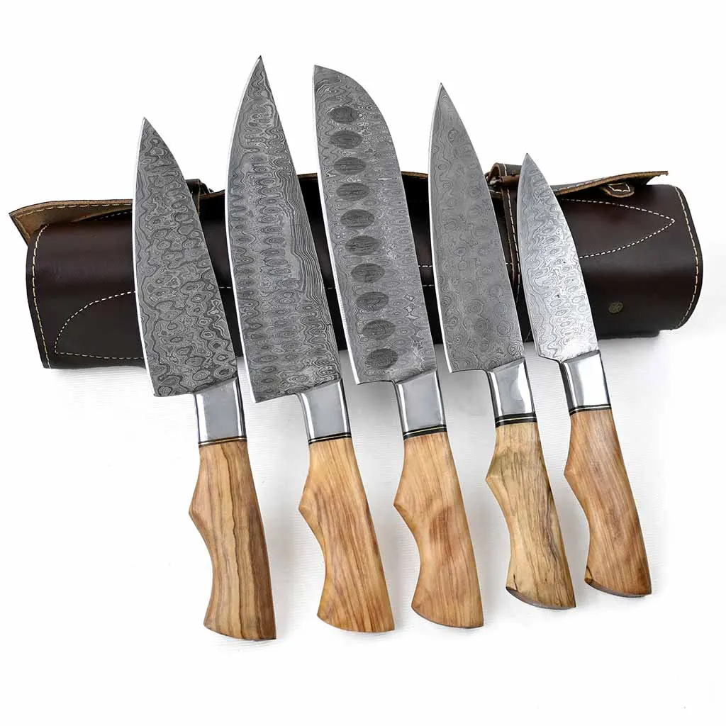 Damascus Kitchen Knife Set of 5 with Olive-Wood & Brass Handles KST1603BNE