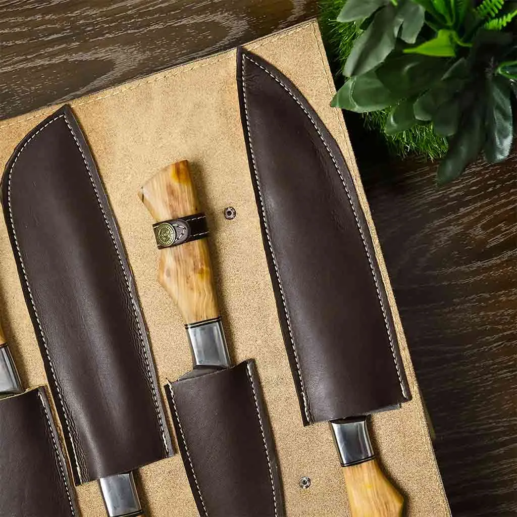 Damascus Kitchen Knife Set of 5 with Olive-Wood & Brass Handles KST1603BNE