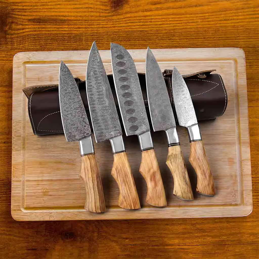 Damascus Kitchen Knife Set of 5 with Olive-Wood & Brass Handles KST1603BNE