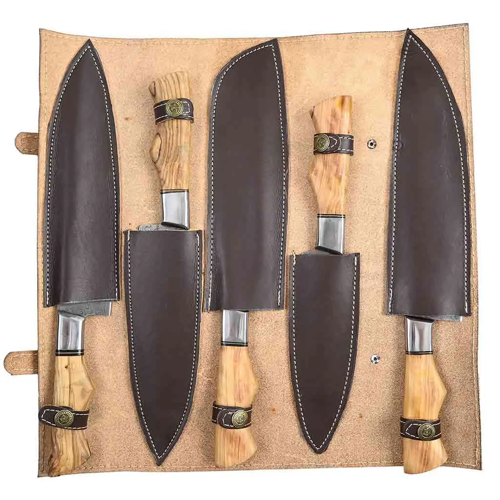 Damascus Kitchen Knife Set of 5 with Olive-Wood & Brass Handles KST1603BNE