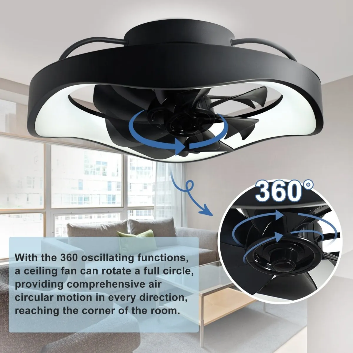 Depuley Modern 20" Low Profile Ceiling Fan- 360° Oscillating, Flush Mount Ceiling Fan with Light and Remote, Dimmable LED Ceiling Fan, 3CCT Adjustable 6 Speeds Timing Fans for Bedroom, Kitchen, Black, Blossom