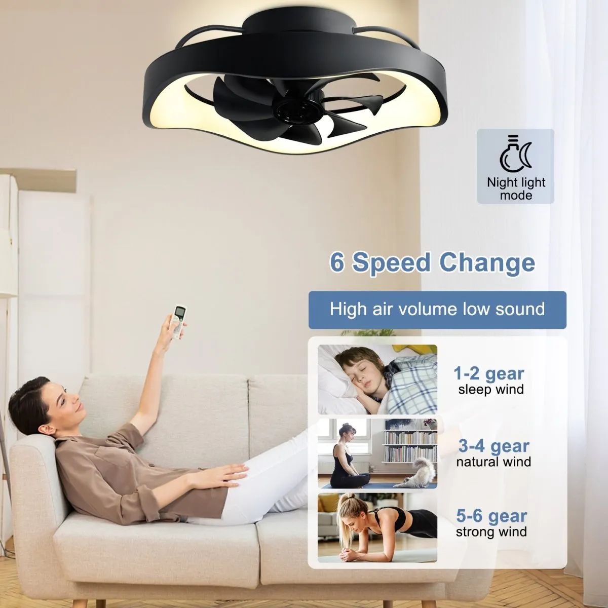 Depuley Modern 20" Low Profile Ceiling Fan- 360° Oscillating, Flush Mount Ceiling Fan with Light and Remote, Dimmable LED Ceiling Fan, 3CCT Adjustable 6 Speeds Timing Fans for Bedroom, Kitchen, Black, Blossom