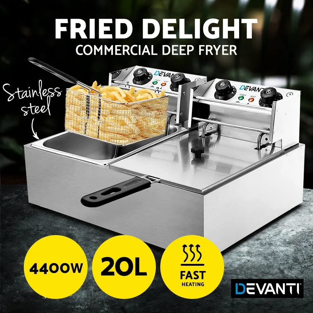 Double Basket Electric Deep Fryer 20L 4400W Stainless Steel - Devanti