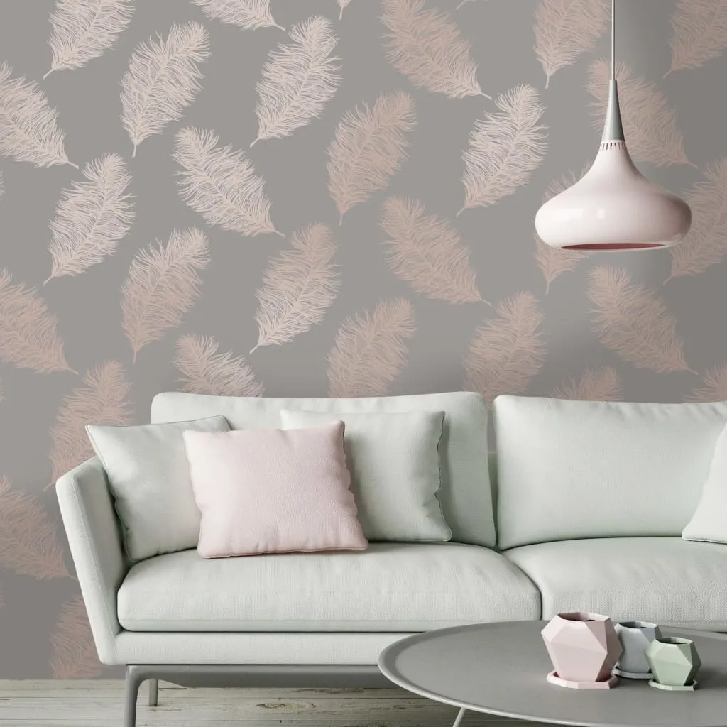 DUTCH WALLCOVERINGS Wallpaper Fawning Feather Grey and Rose Gold