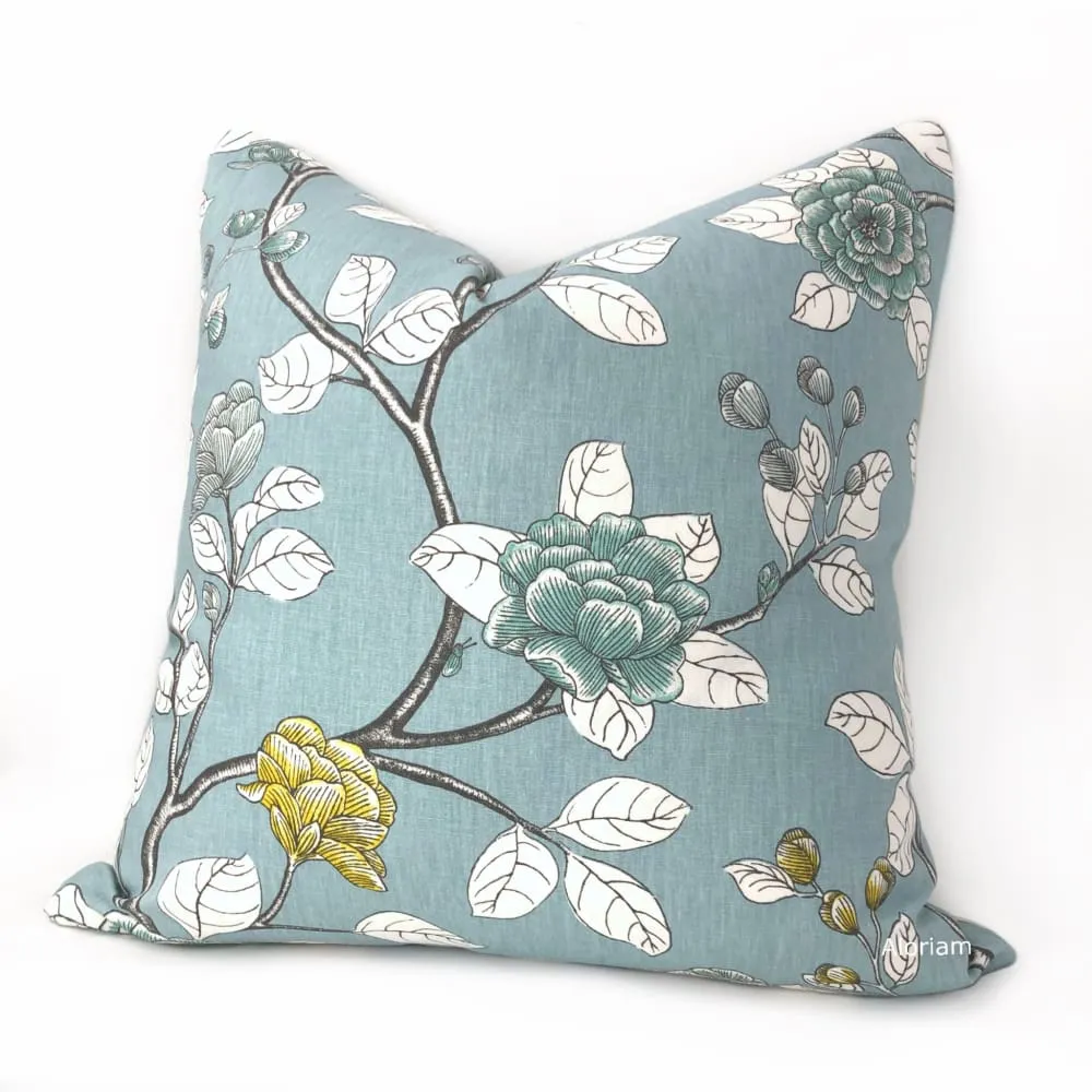 Dwell Studio Robert Allen Leda Peony Aquatint Gray Aqua White Yellow Pillow Cushion Cover