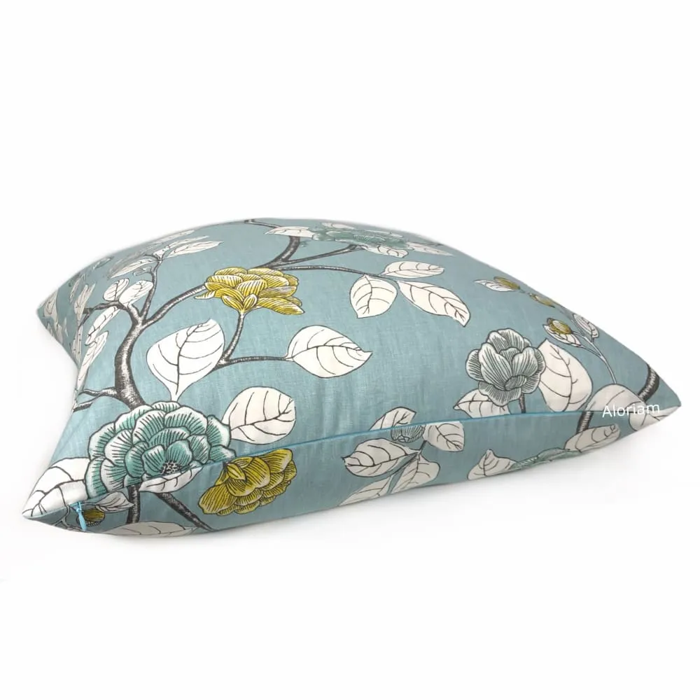 Dwell Studio Robert Allen Leda Peony Aquatint Gray Aqua White Yellow Pillow Cushion Cover