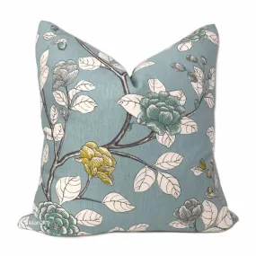 Dwell Studio Robert Allen Leda Peony Aquatint Gray Aqua White Yellow Pillow Cushion Cover