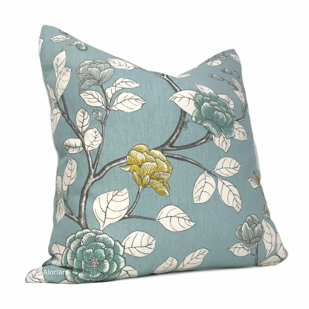 Dwell Studio Robert Allen Leda Peony Aquatint Gray Aqua White Yellow Pillow Cushion Cover