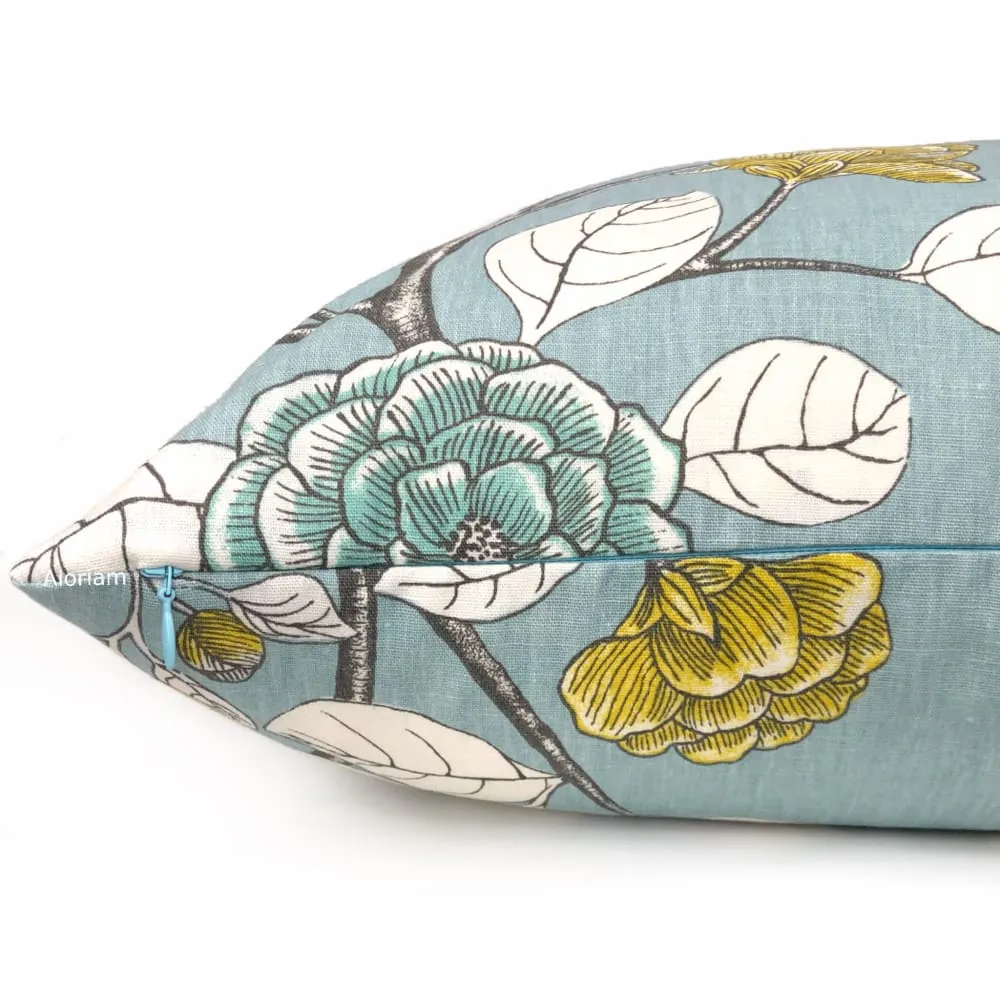 Dwell Studio Robert Allen Leda Peony Aquatint Gray Aqua White Yellow Pillow Cushion Cover