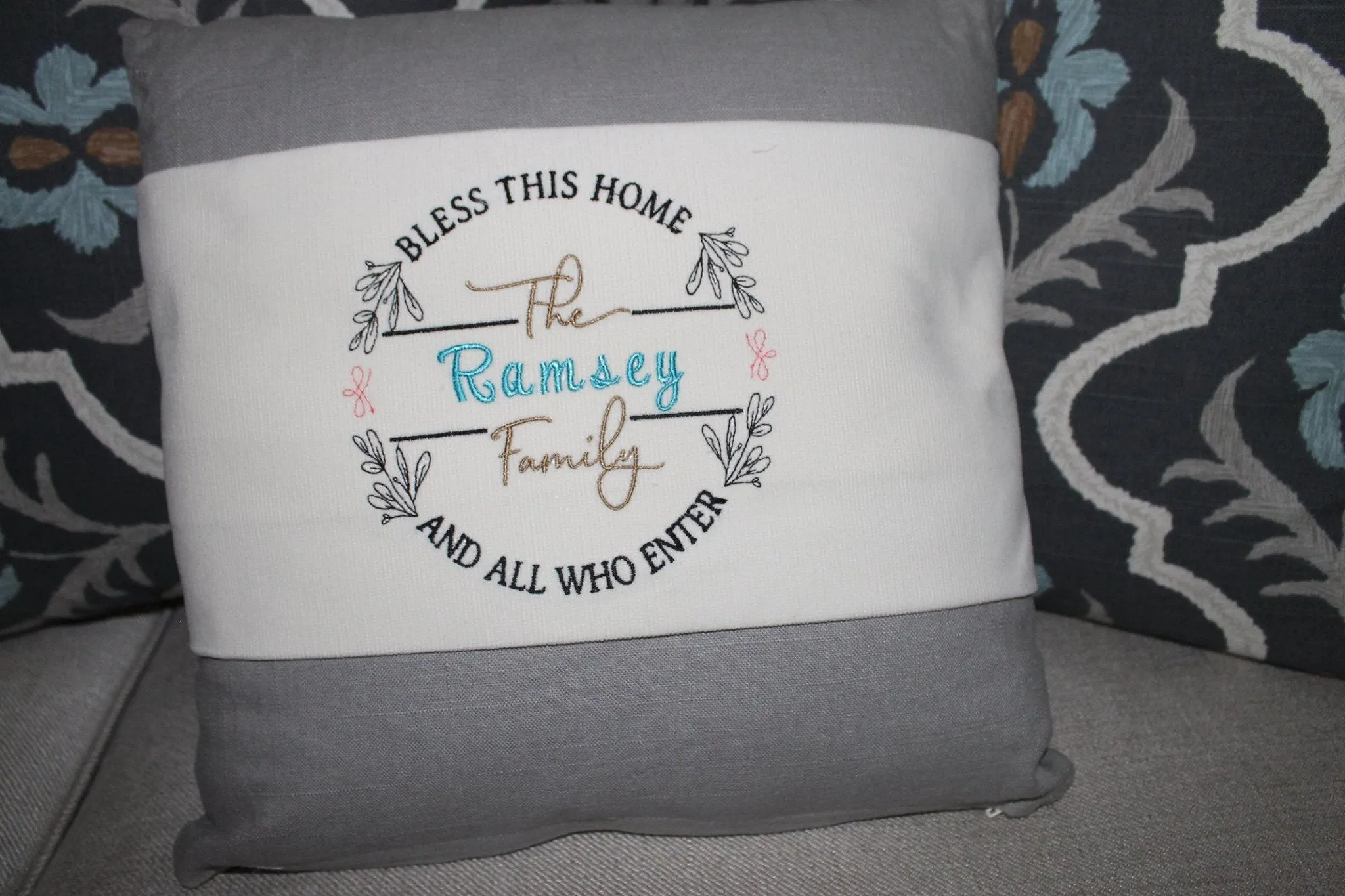 Embroidered Bless This Home Personalized w/Family Name Pillow