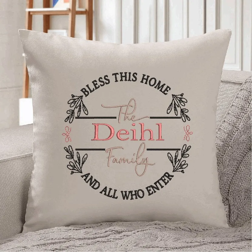 Embroidered Bless This Home Personalized w/Family Name Pillow