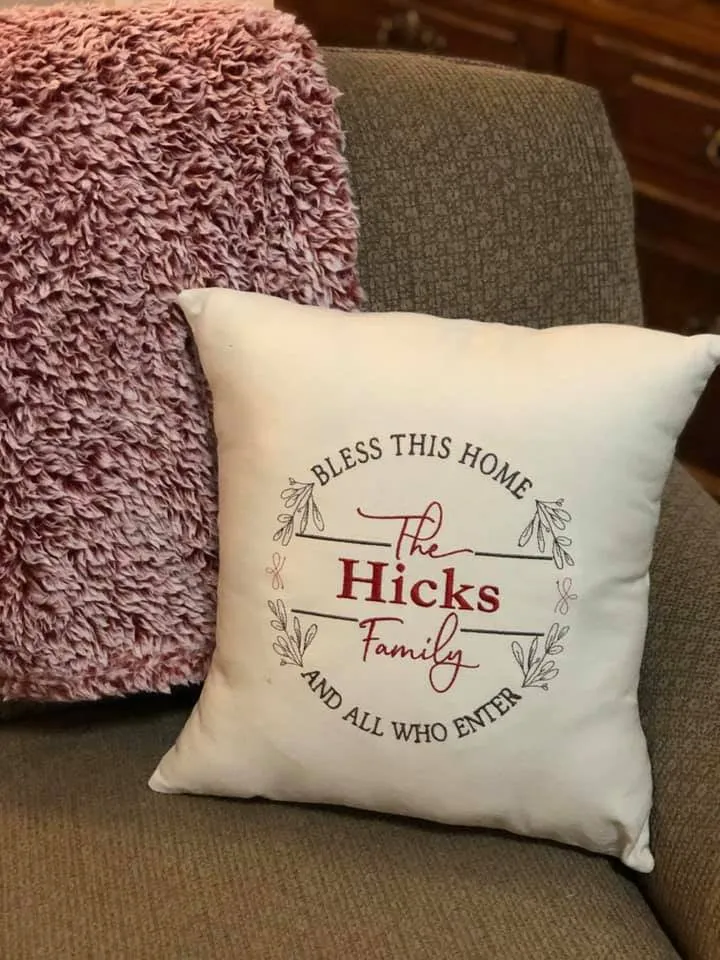 Embroidered Bless This Home Personalized w/Family Name Pillow