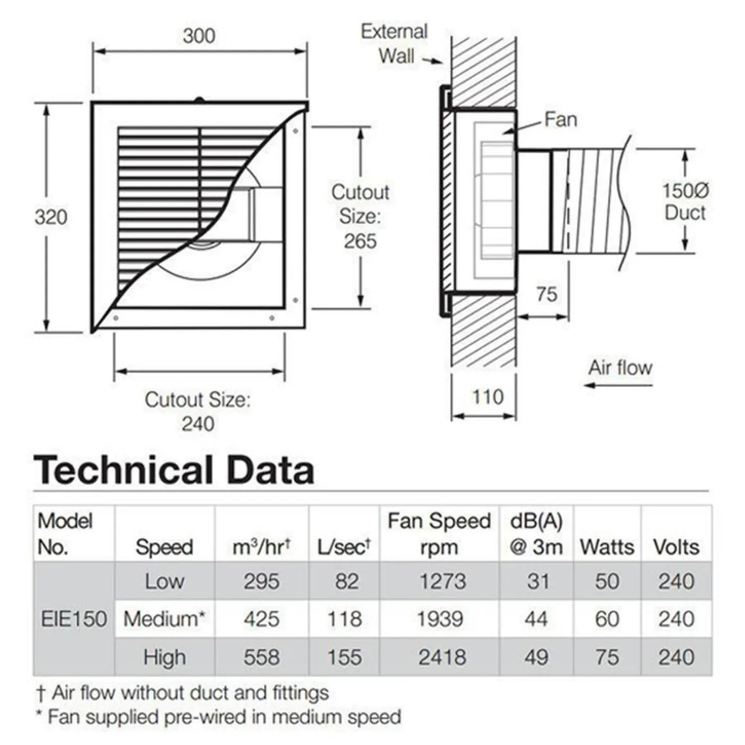 Ezifit Exterior in-Wall Series Fan in 3-Speed Single Phase