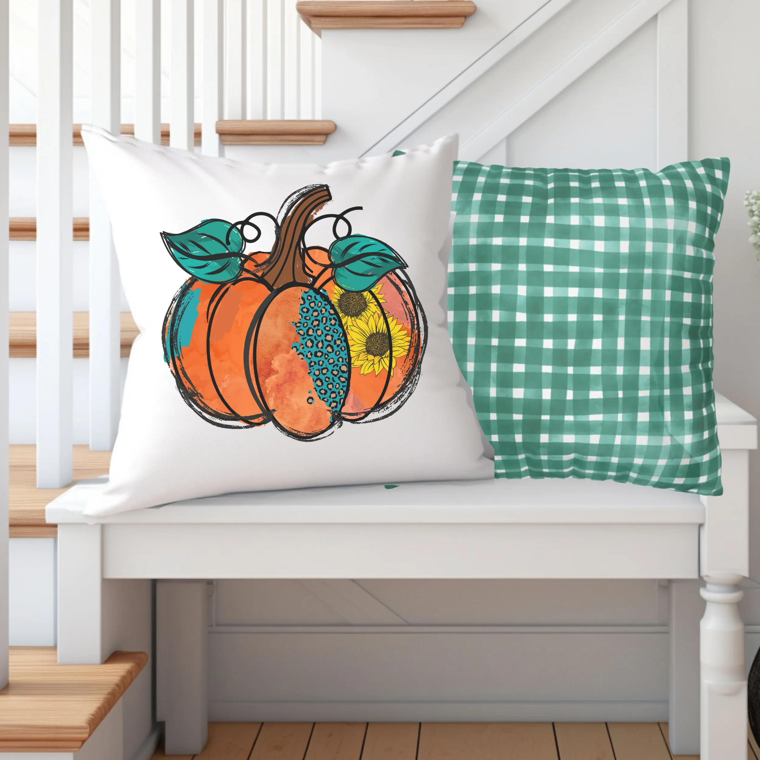 Fall Pillow Covers, White Square covers, Pumpkin Pillowcase Set, Watercolor Designs, Autumn Pillow Covers