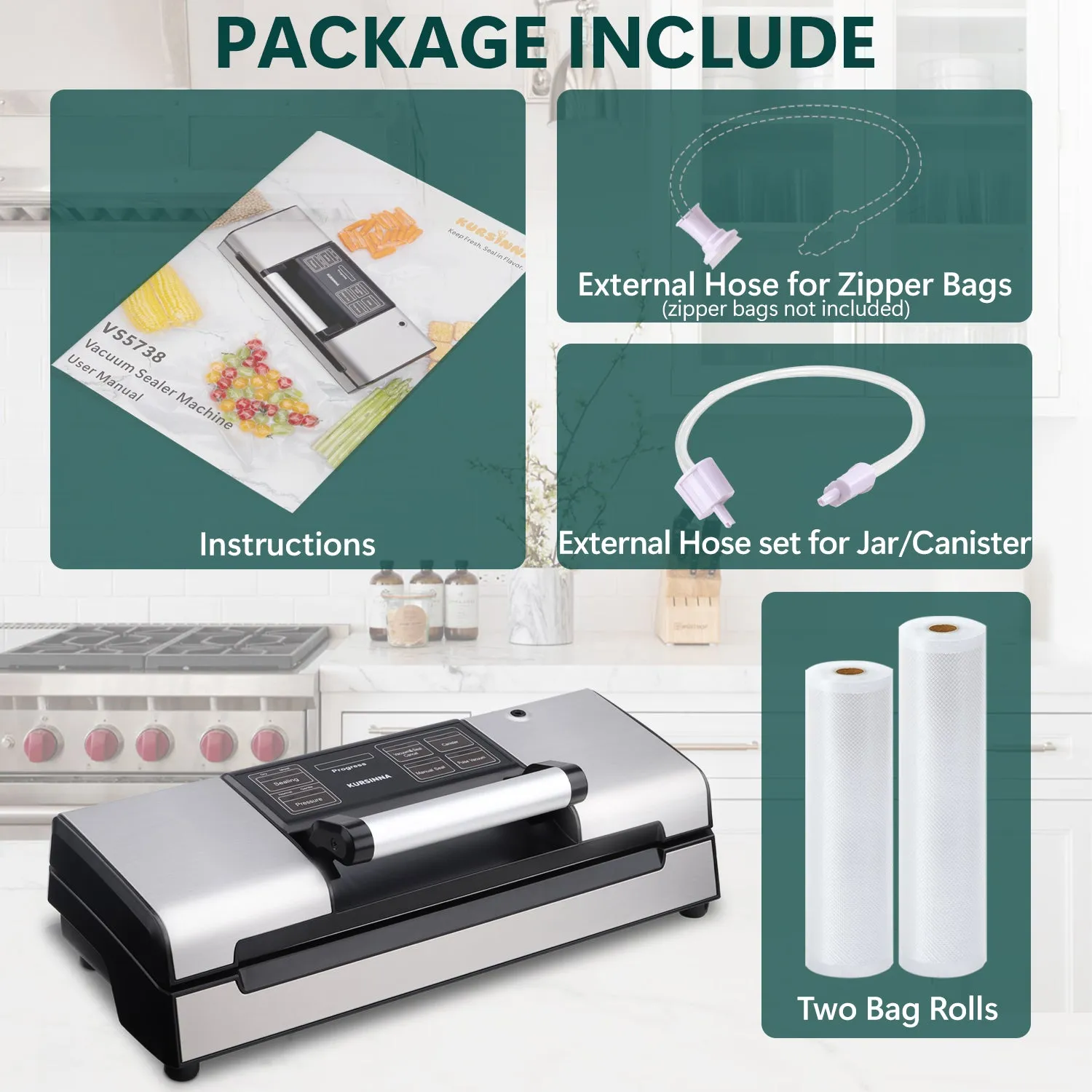 Food Sealer Vacuum Sealer Machine with Cutter, Bag Rolls| Kursinna