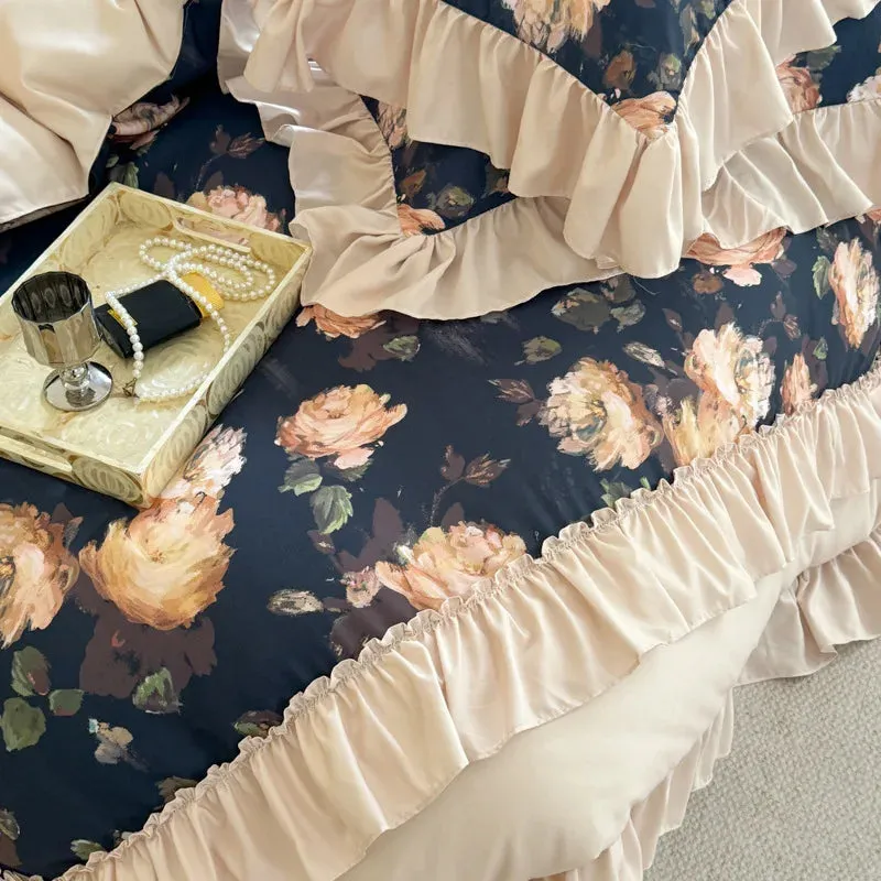 French Retro Rose Bedding Set Luxury Vintage Flower Print Ruffles Roman Cotton Duvet Cover Set Bed Sheet and Pillowcases Bed Set