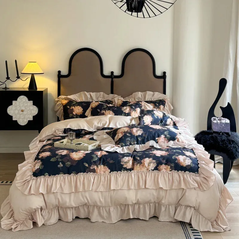 French Retro Rose Bedding Set Luxury Vintage Flower Print Ruffles Roman Cotton Duvet Cover Set Bed Sheet and Pillowcases Bed Set