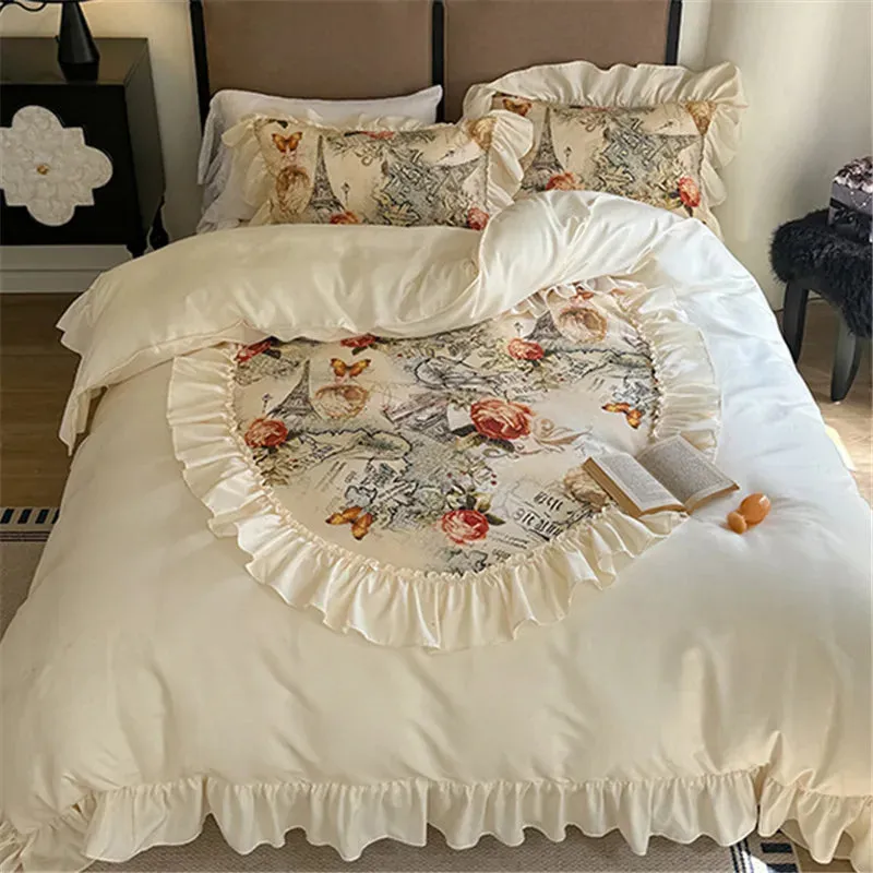 French Retro Rose Bedding Set Luxury Vintage Flower Print Ruffles Roman Cotton Duvet Cover Set Bed Sheet and Pillowcases Bed Set