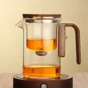 Glass Teapot with Magnetic One-Click Filter – Wooden Handle Design for Seamless Tea Brewing and Perfect Infusions