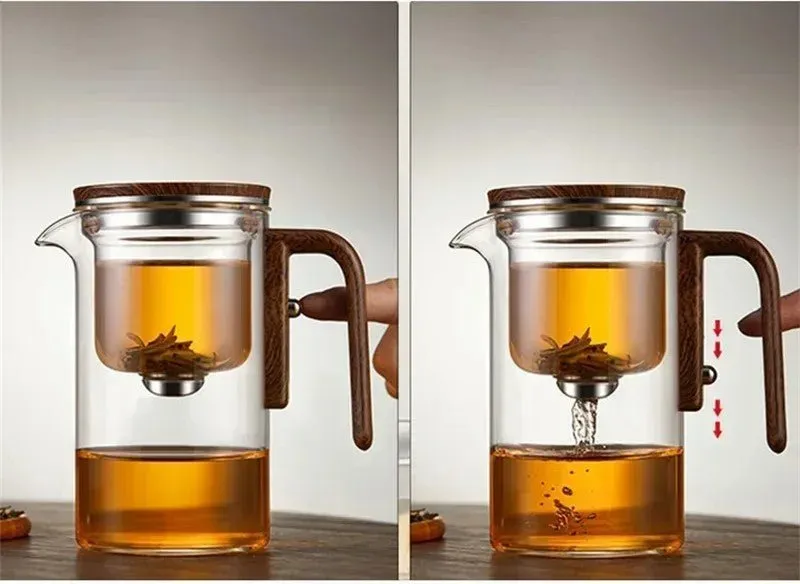 Glass Teapot with Magnetic One-Click Filter – Wooden Handle Design for Seamless Tea Brewing and Perfect Infusions