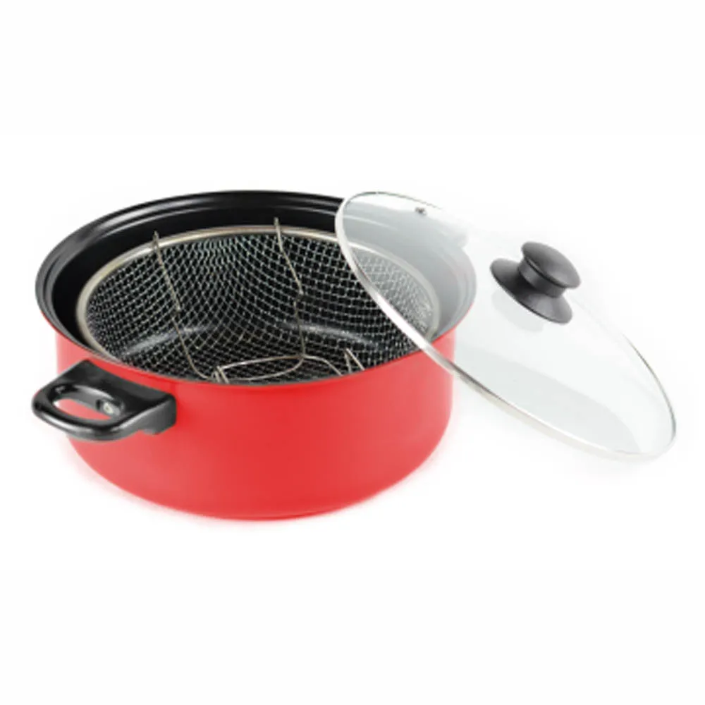 Gourmet Chef JL-5304R Non-Stick Deep Fryer with Frying Basket and Glass Cover, 6.5-Quart, Red