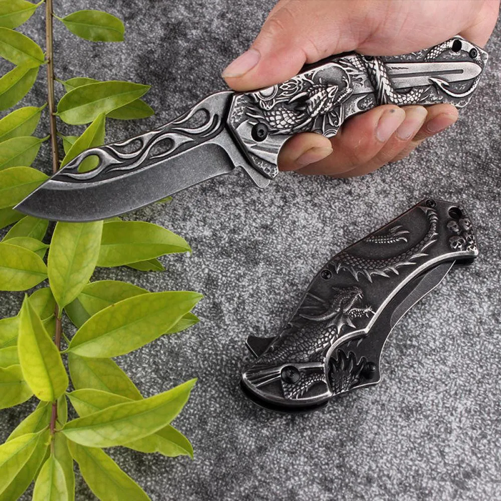 Handmade Dragon Pattern Hunting Knife - with  Folding Handle  - 20.8cm EDC Outdoor Knife -Survival Knife/Camping Knife/Pocket Knife/Folding Knife