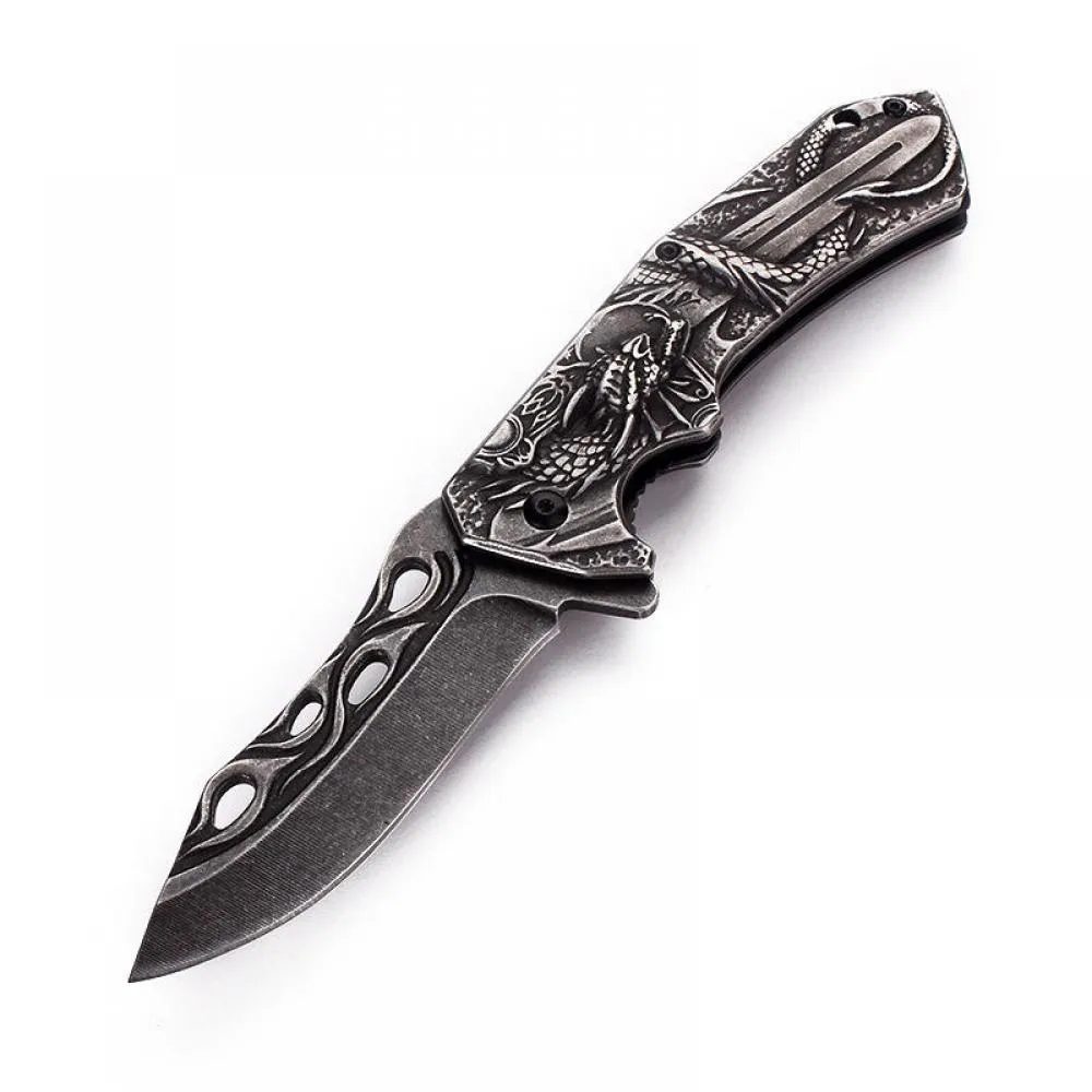 Handmade Dragon Pattern Hunting Knife - with  Folding Handle  - 20.8cm EDC Outdoor Knife -Survival Knife/Camping Knife/Pocket Knife/Folding Knife