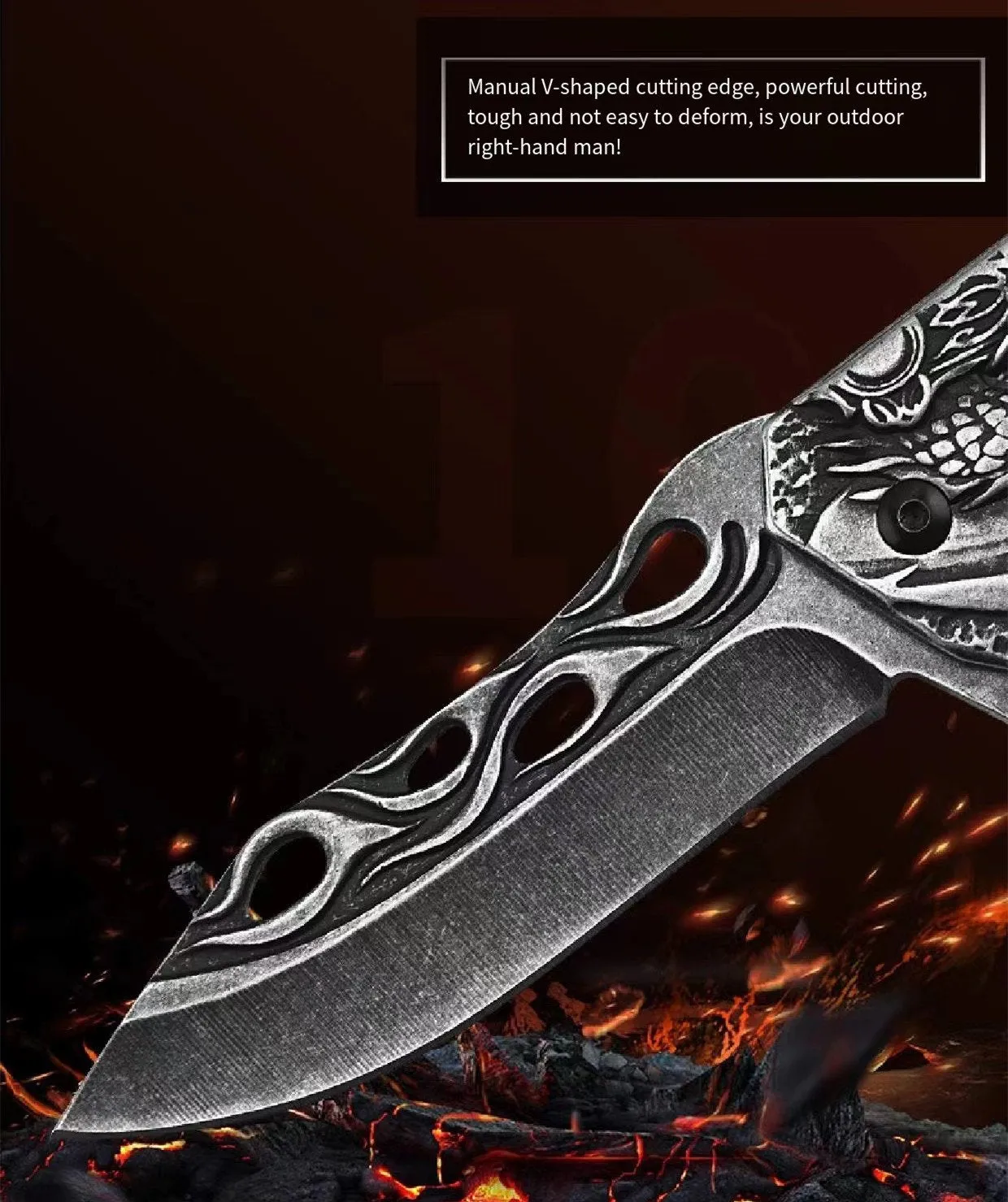 Handmade Dragon Pattern Hunting Knife - with  Folding Handle  - 20.8cm EDC Outdoor Knife -Survival Knife/Camping Knife/Pocket Knife/Folding Knife