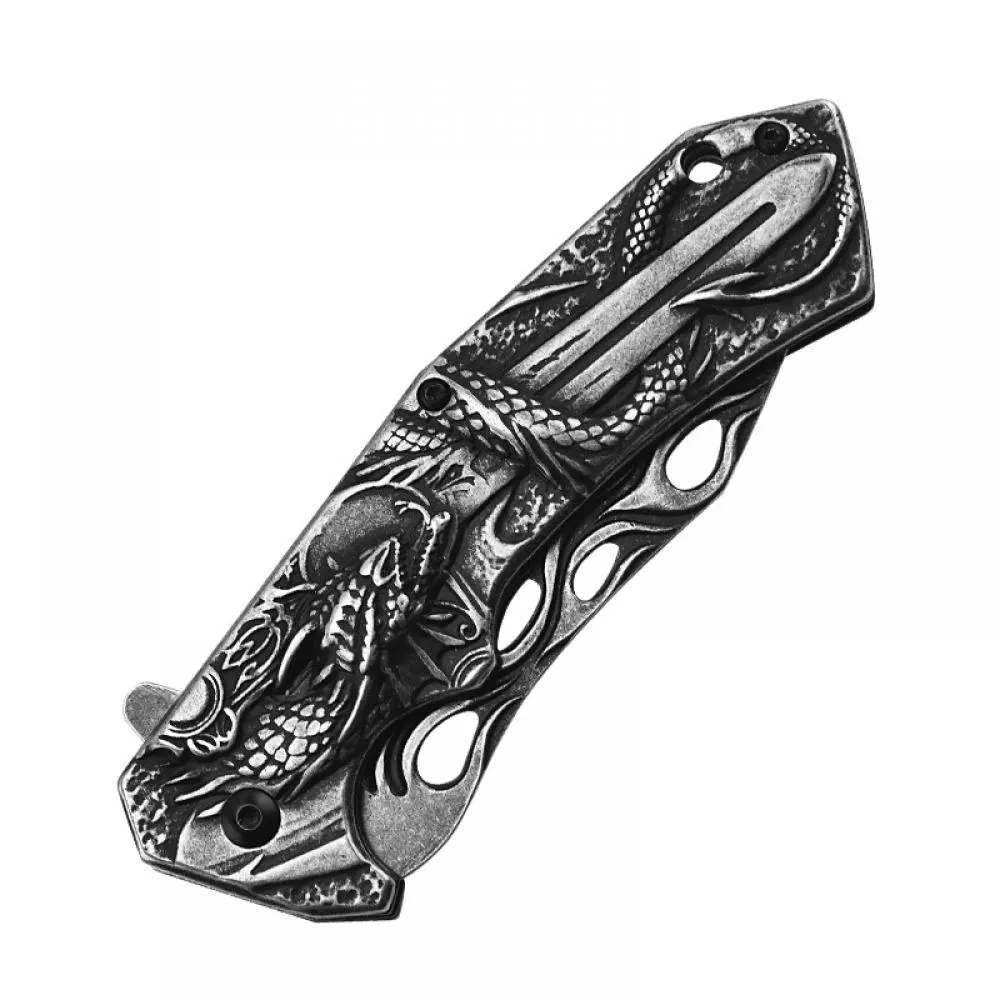 Handmade Dragon Pattern Hunting Knife - with  Folding Handle  - 20.8cm EDC Outdoor Knife -Survival Knife/Camping Knife/Pocket Knife/Folding Knife