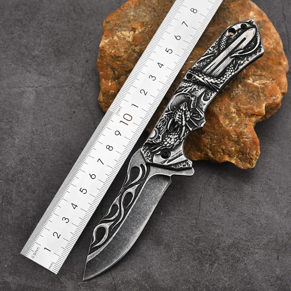 Handmade Dragon Pattern Hunting Knife - with  Folding Handle  - 20.8cm EDC Outdoor Knife -Survival Knife/Camping Knife/Pocket Knife/Folding Knife