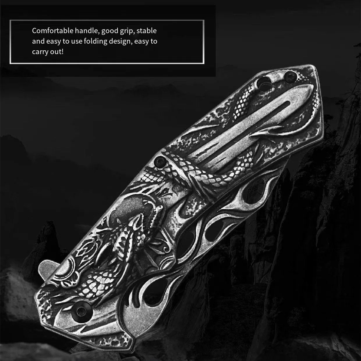 Handmade Dragon Pattern Hunting Knife - with  Folding Handle  - 20.8cm EDC Outdoor Knife -Survival Knife/Camping Knife/Pocket Knife/Folding Knife