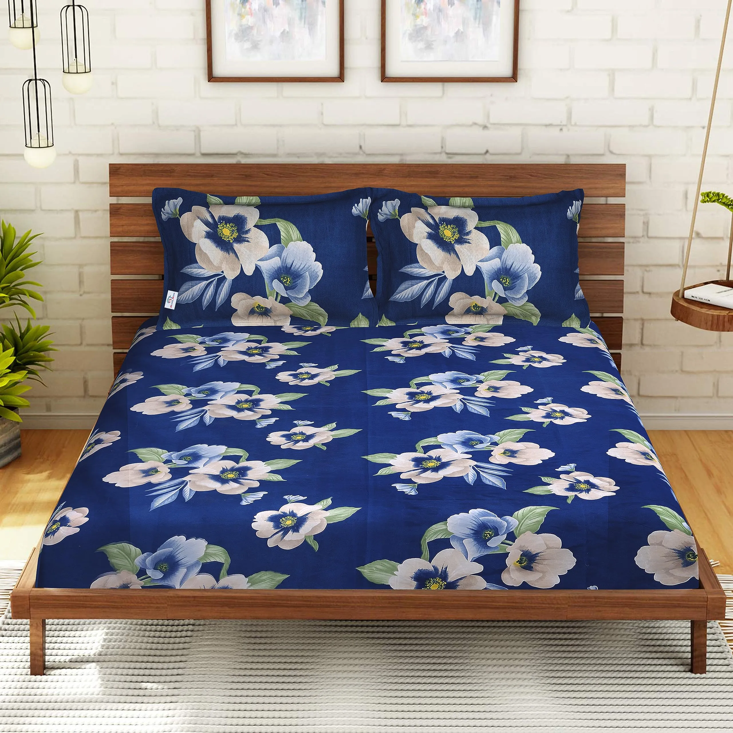 Heart Home Double Bedsheet|Glace Cotton Flower Print Bedsheet with 2 Pillow Covers for Living Room|Bedroom|90x100 Inch (Blue)