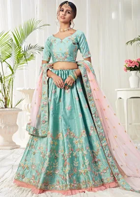 Ice Blue Frilled Embroidered Art Silk Lehenga Choli