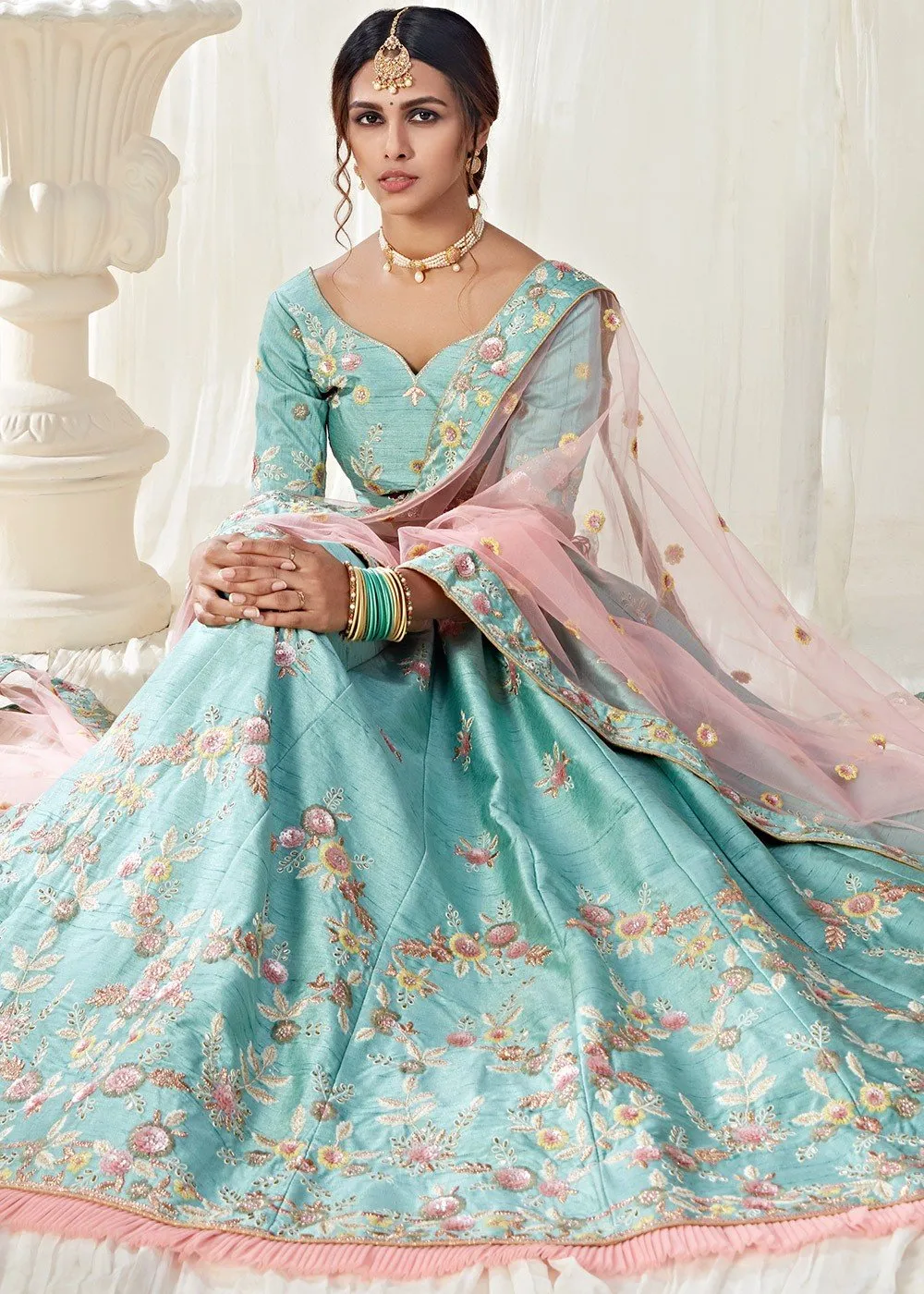 Ice Blue Frilled Embroidered Art Silk Lehenga Choli