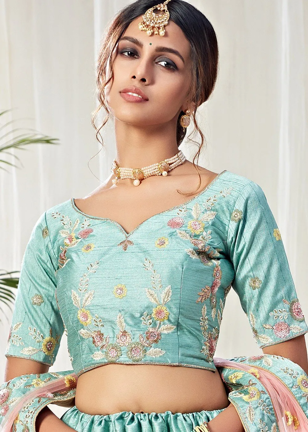 Ice Blue Frilled Embroidered Art Silk Lehenga Choli