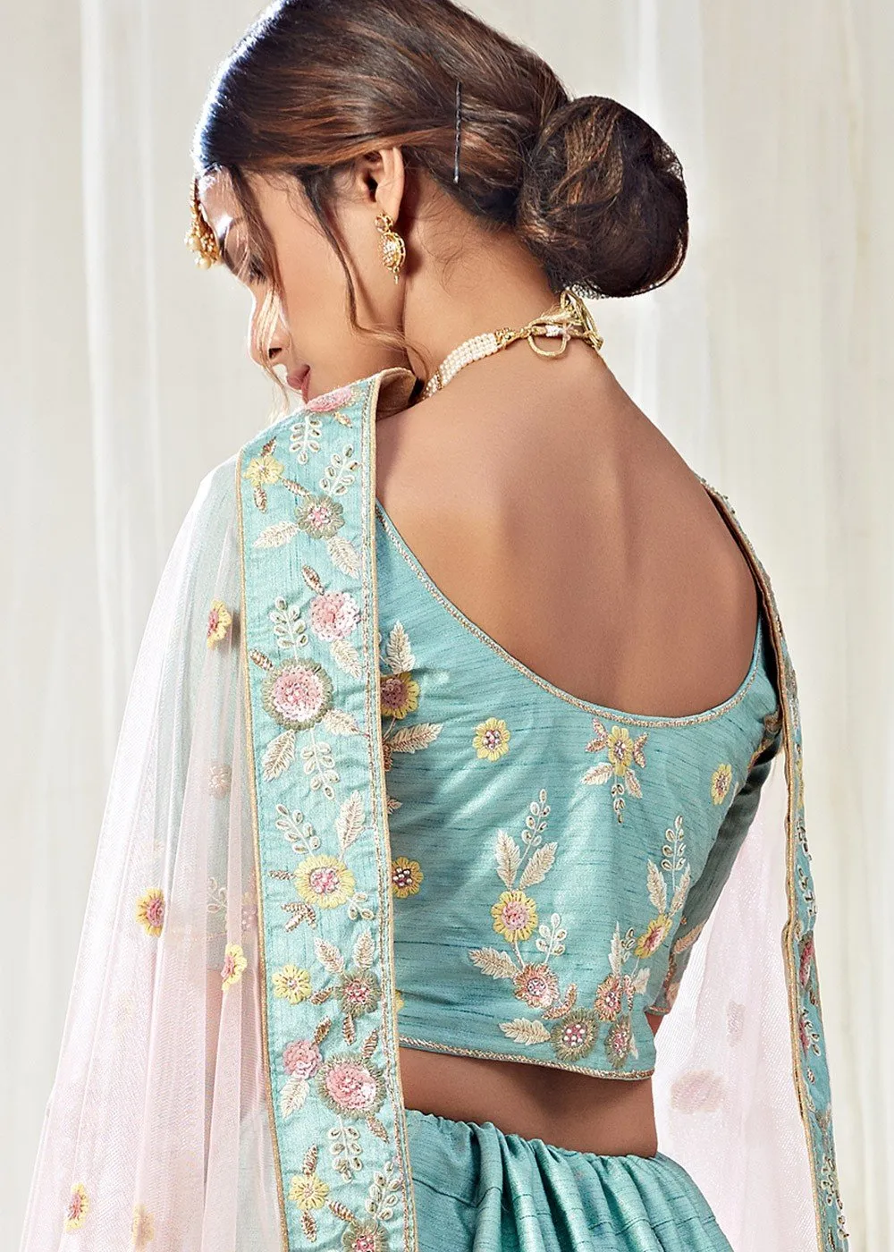 Ice Blue Frilled Embroidered Art Silk Lehenga Choli