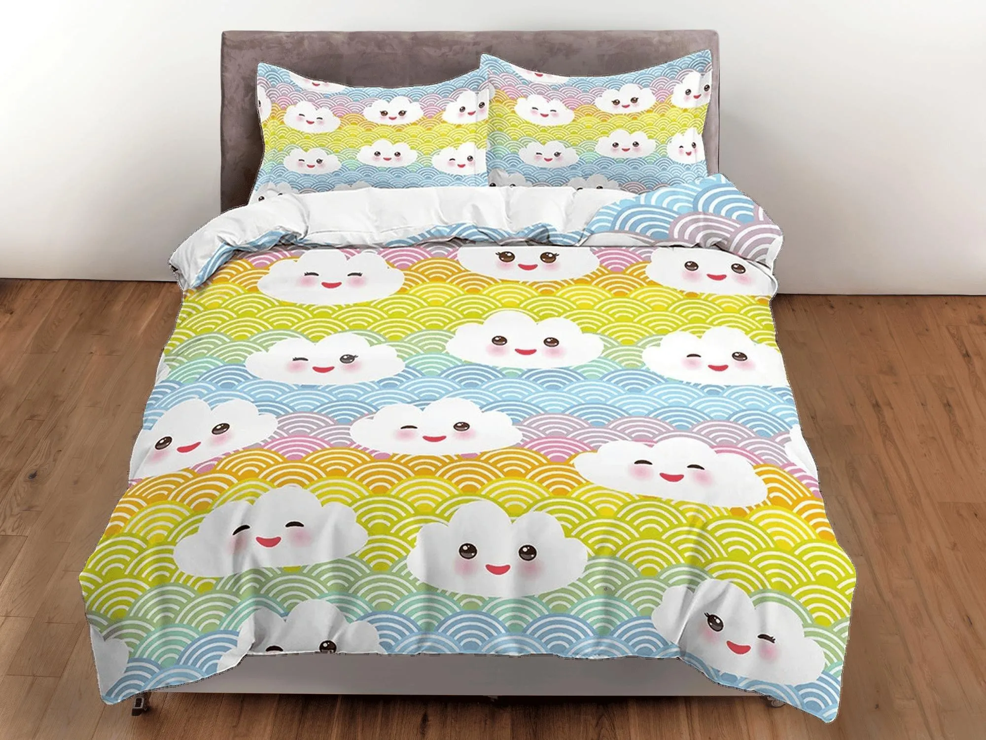 Kawaii Cute Smiling Clouds Colorful Bedding, Duvet Cover Set, Zipper Bedding, Dorm Bedding, Teens Adult Duvet King Queen Full Twin Single