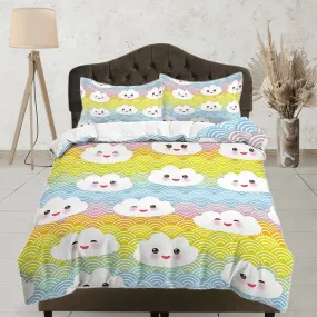 Kawaii Cute Smiling Clouds Colorful Bedding, Duvet Cover Set, Zipper Bedding, Dorm Bedding, Teens Adult Duvet King Queen Full Twin Single