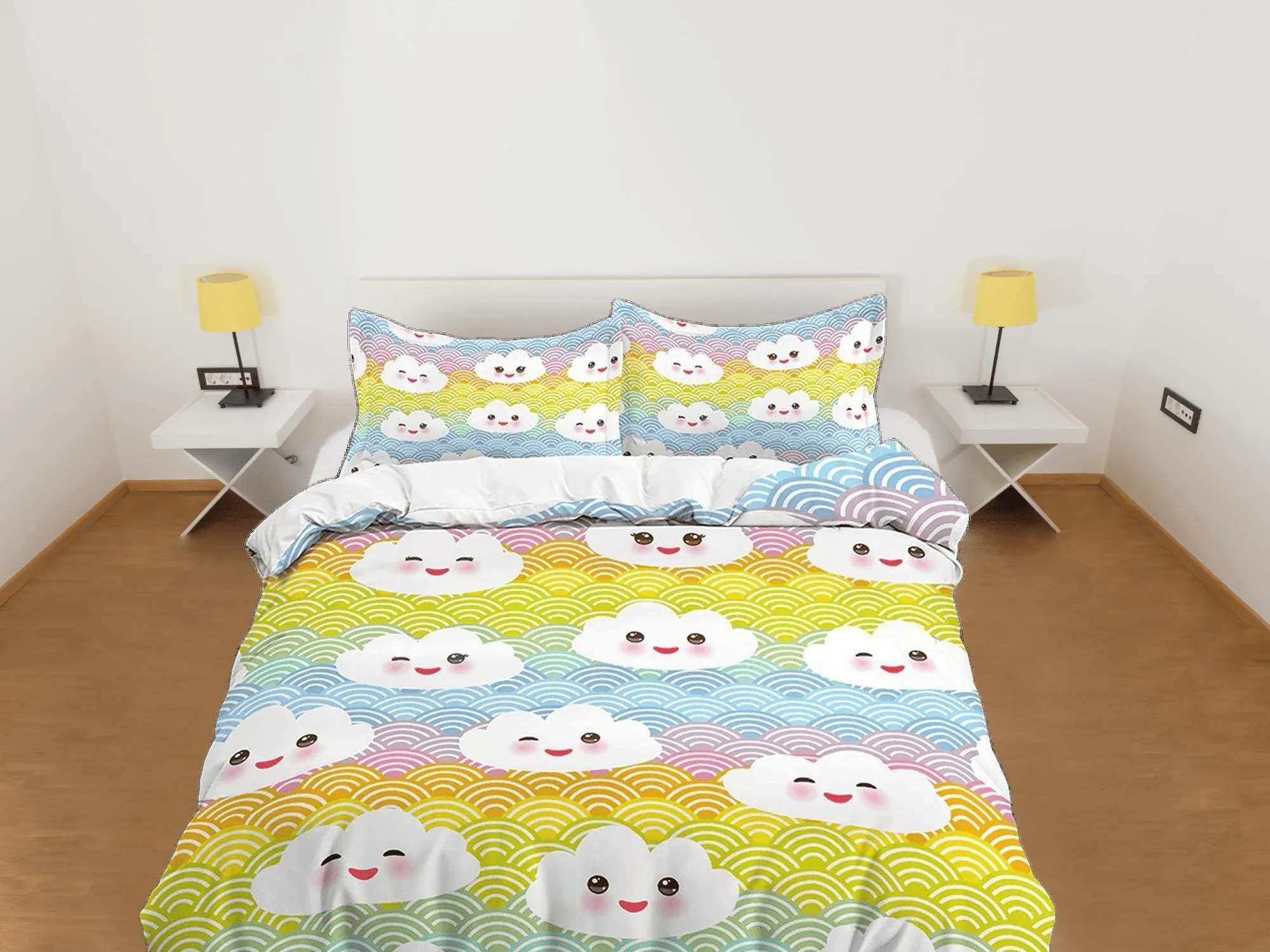 Kawaii Cute Smiling Clouds Colorful Bedding, Duvet Cover Set, Zipper Bedding, Dorm Bedding, Teens Adult Duvet King Queen Full Twin Single