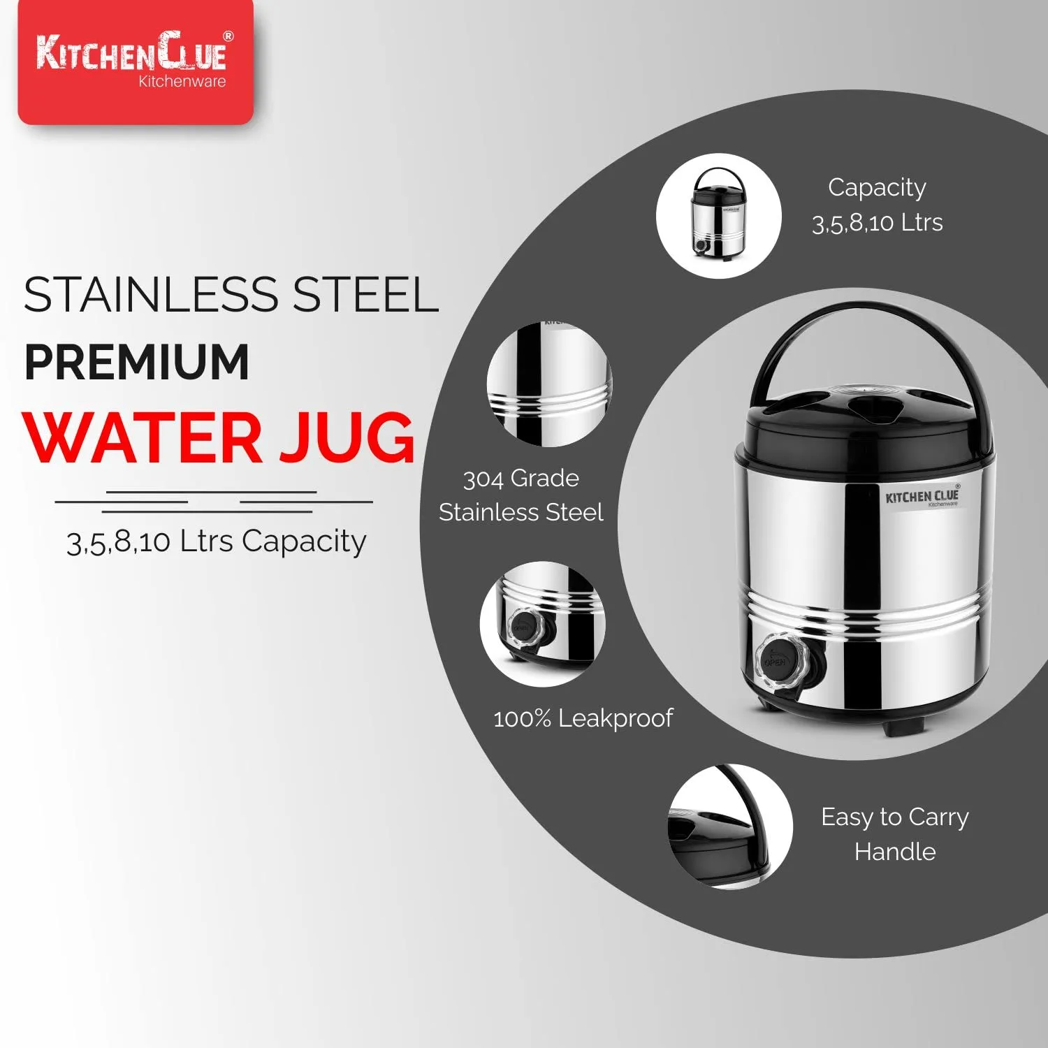 KITCHEN CLUE Insulated thermos For Hot Tea/Water 3 Liters, Silver - Double Walled Stainless Steel PUF Insulation Hot And Cold Water Dispenser For Office home Kitchen - Easy To Carry Handle, Leak proof