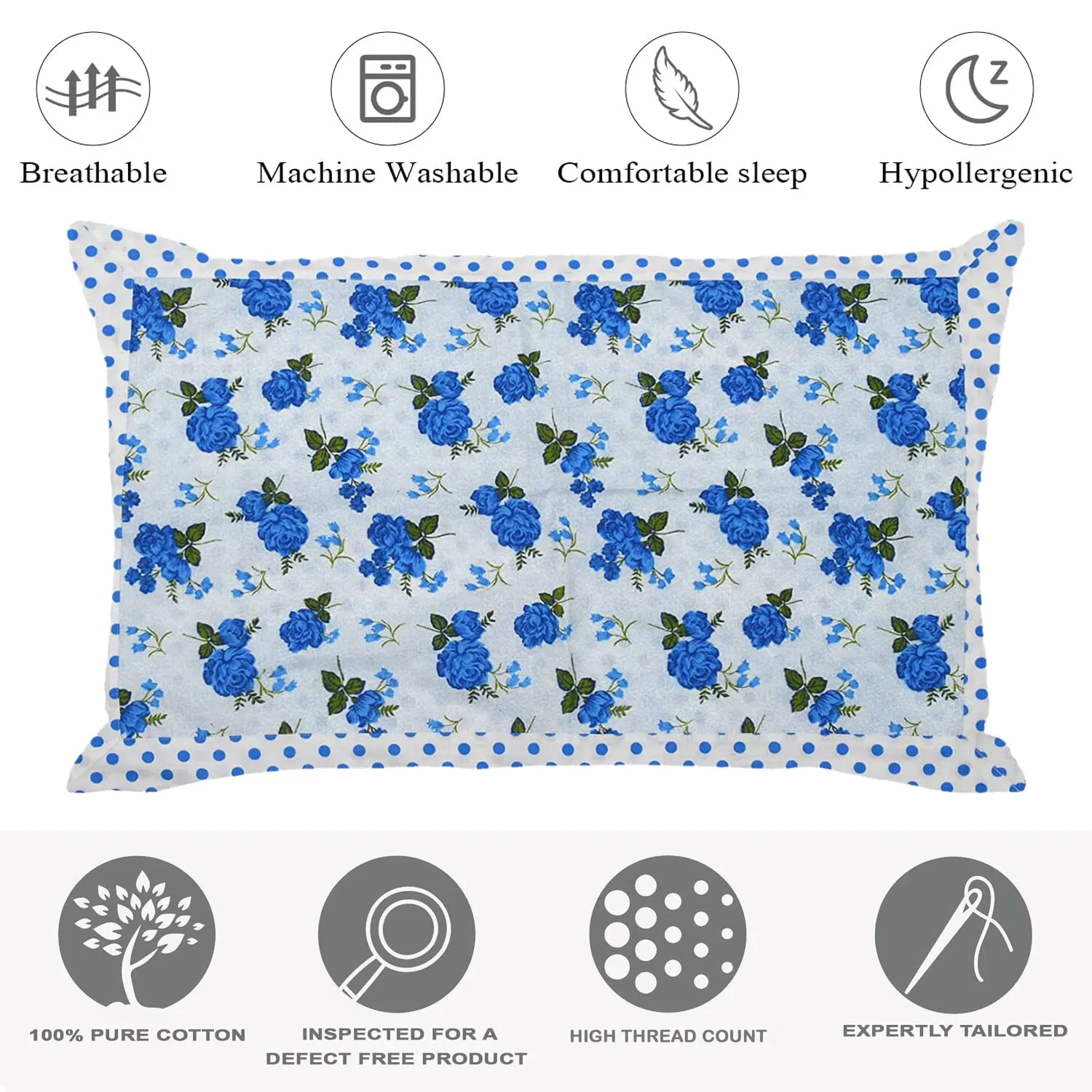 Kuber Industries Dot Print Breathable & Soft Cotton Pillow Cover for Sofa Couch Bed - 17x27 Inch, Set of 4 (Blue)