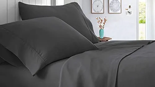 LINEN SHEETS 600 Thread Count 3 Piece Elastic Fitted Bedsheet Set- 10" Deep Pocket Fitted Sheet with 2 Pillow Cover- 100% Cotton Fitted Bedsheet- Soft & Wrinkle Free-Dark Grey Solid,Single Size