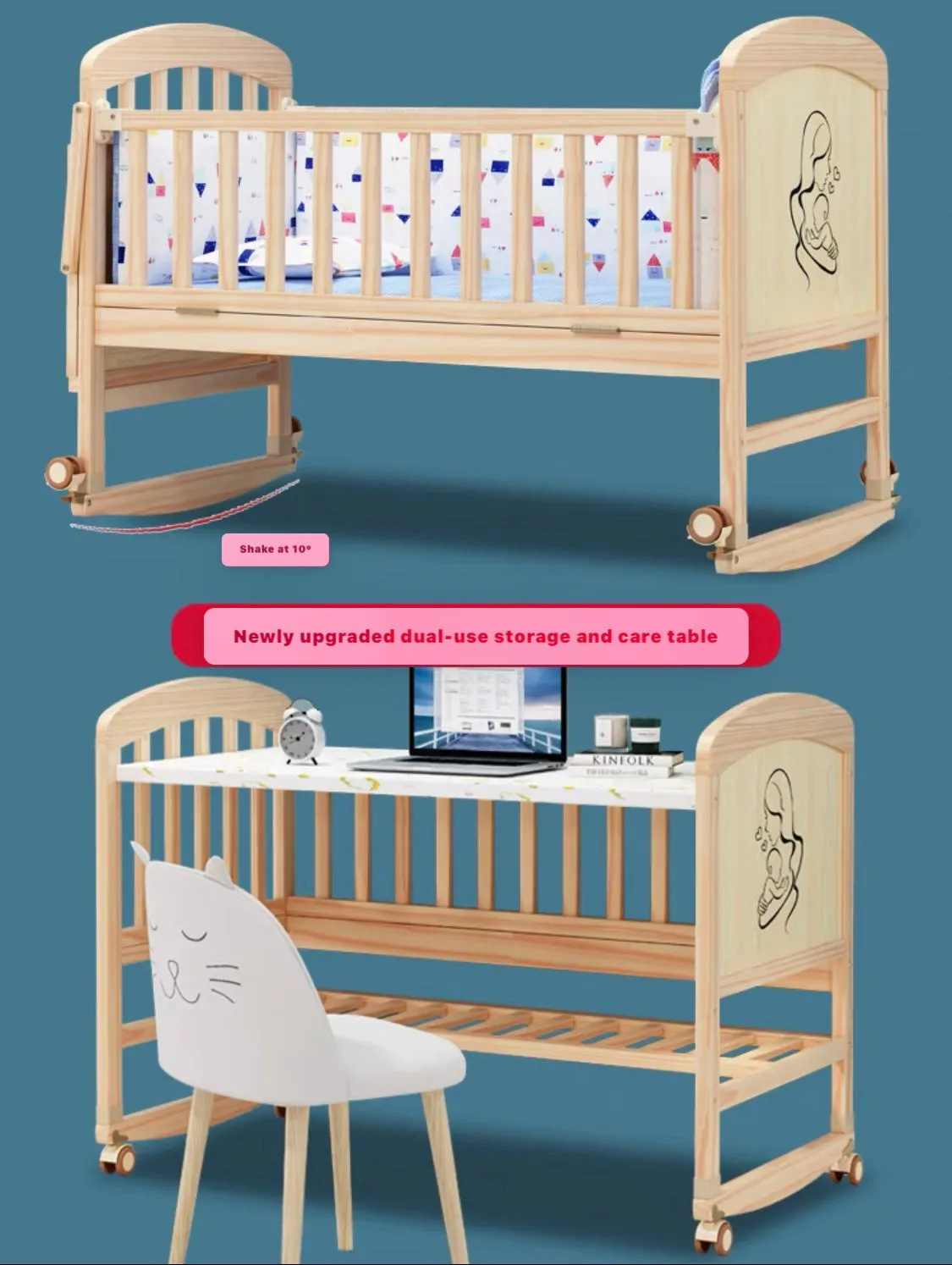 Multifunctional Wooden Co-Sleeper Bassinet Bed   Mattress   5-piece Bedding   Fold-Out Changing Table - BLUE