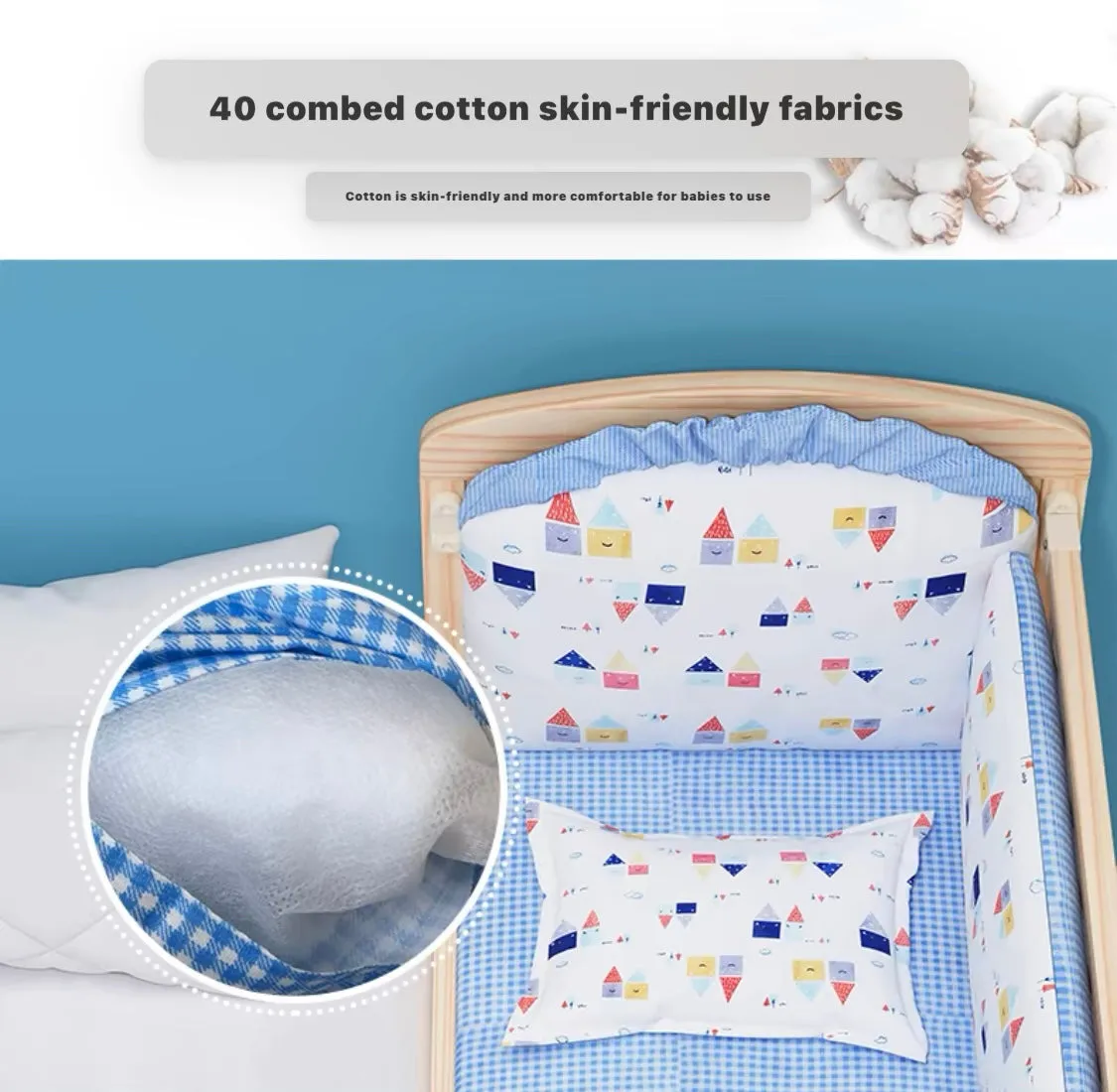 Multifunctional Wooden Co-Sleeper Bassinet Bed   Mattress   5-piece Bedding   Fold-Out Changing Table - BLUE